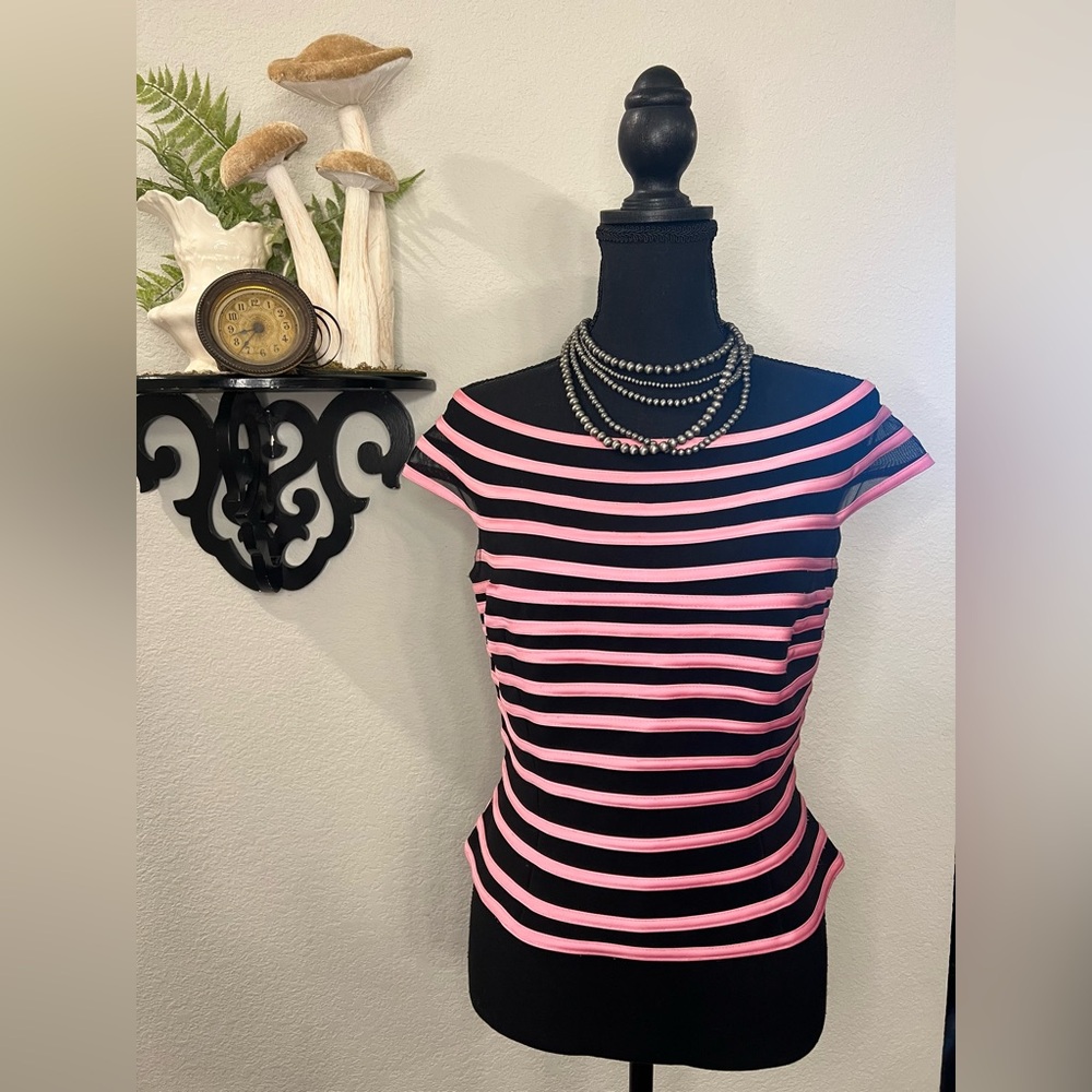 JS Collections Y2K Black Pink Stripe Mesh Off the Shoulder Cropped Blouse Sz 10